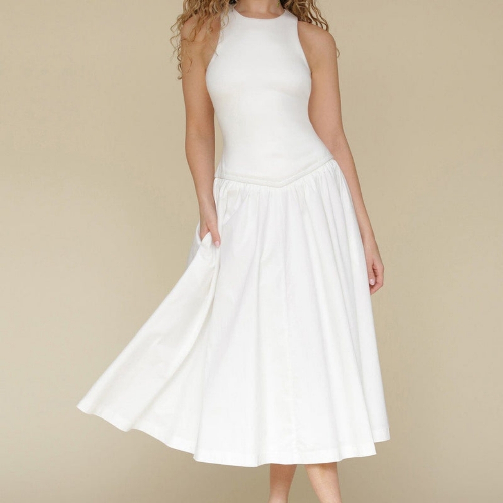 Avec Les Filles Fit & Flare Mixed Media Maxi Dress White BNWT